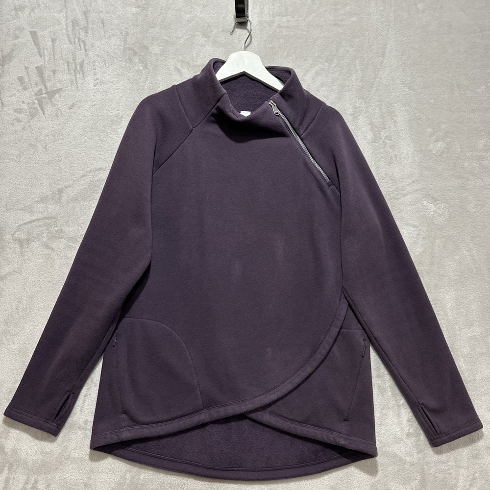 Athleta Cozy Karma Asym Pullover Women's L Purple Wrap Front Thumbholes Fleece
